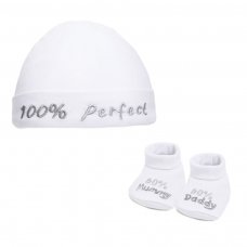 HB03-W: White 100% Perfect Hat & Bootee Set
